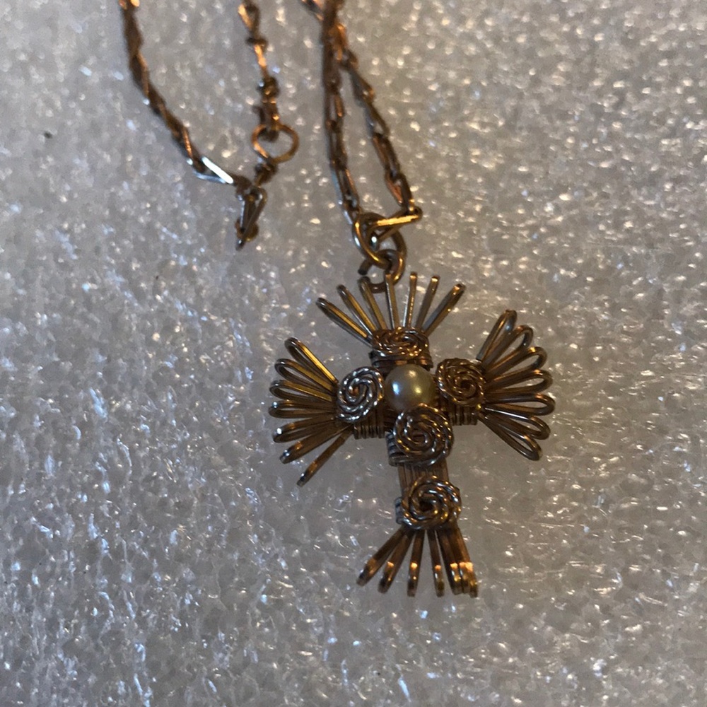 Antique Gold Wire Cross Necklace Gem